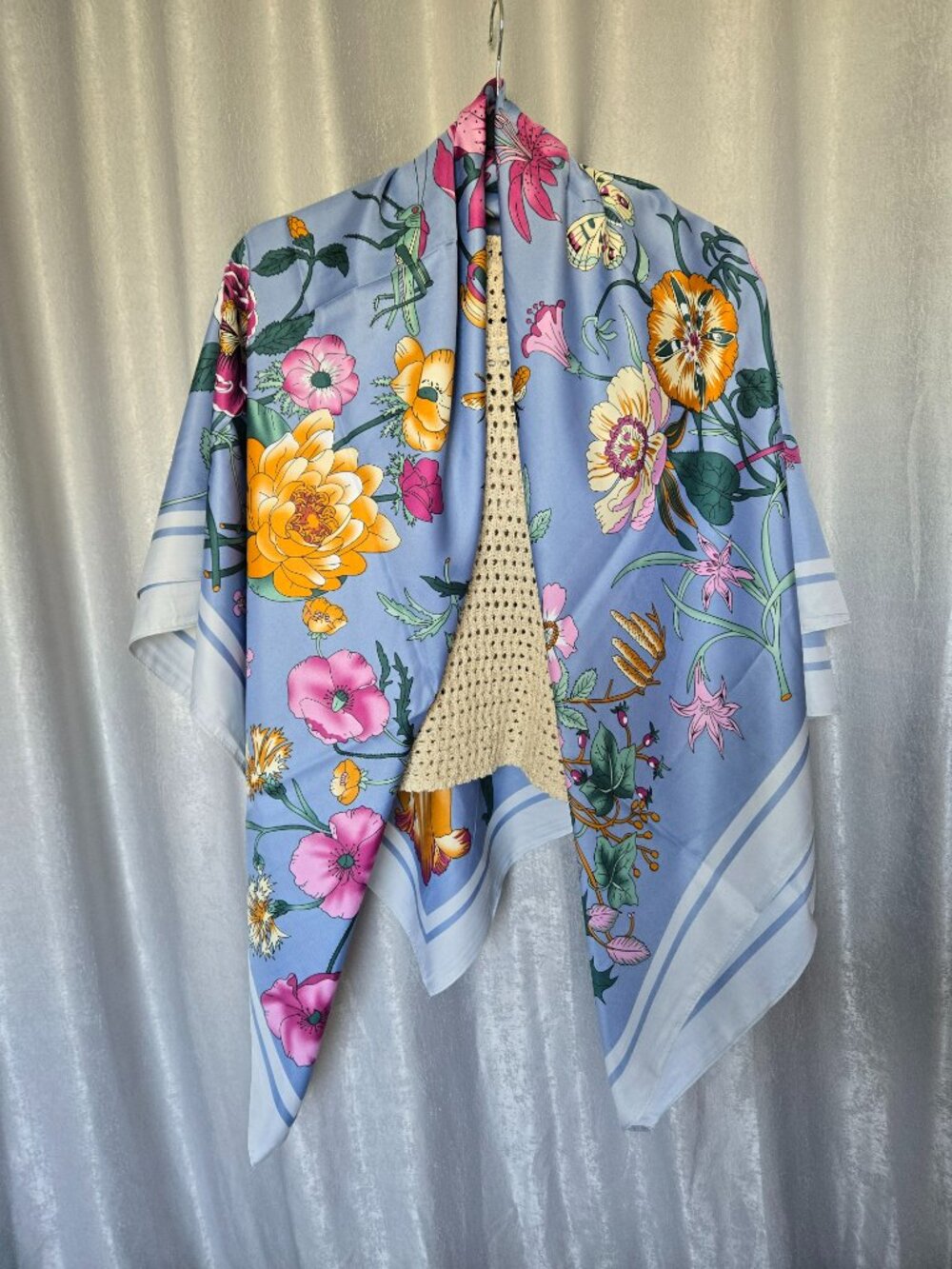 Luxurious Blue Multi-Color Floral Design Large Square Scarf, Size 51 x 51 inch